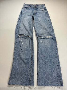 Zara Light Wash Distressed Wide Leg Jeans
